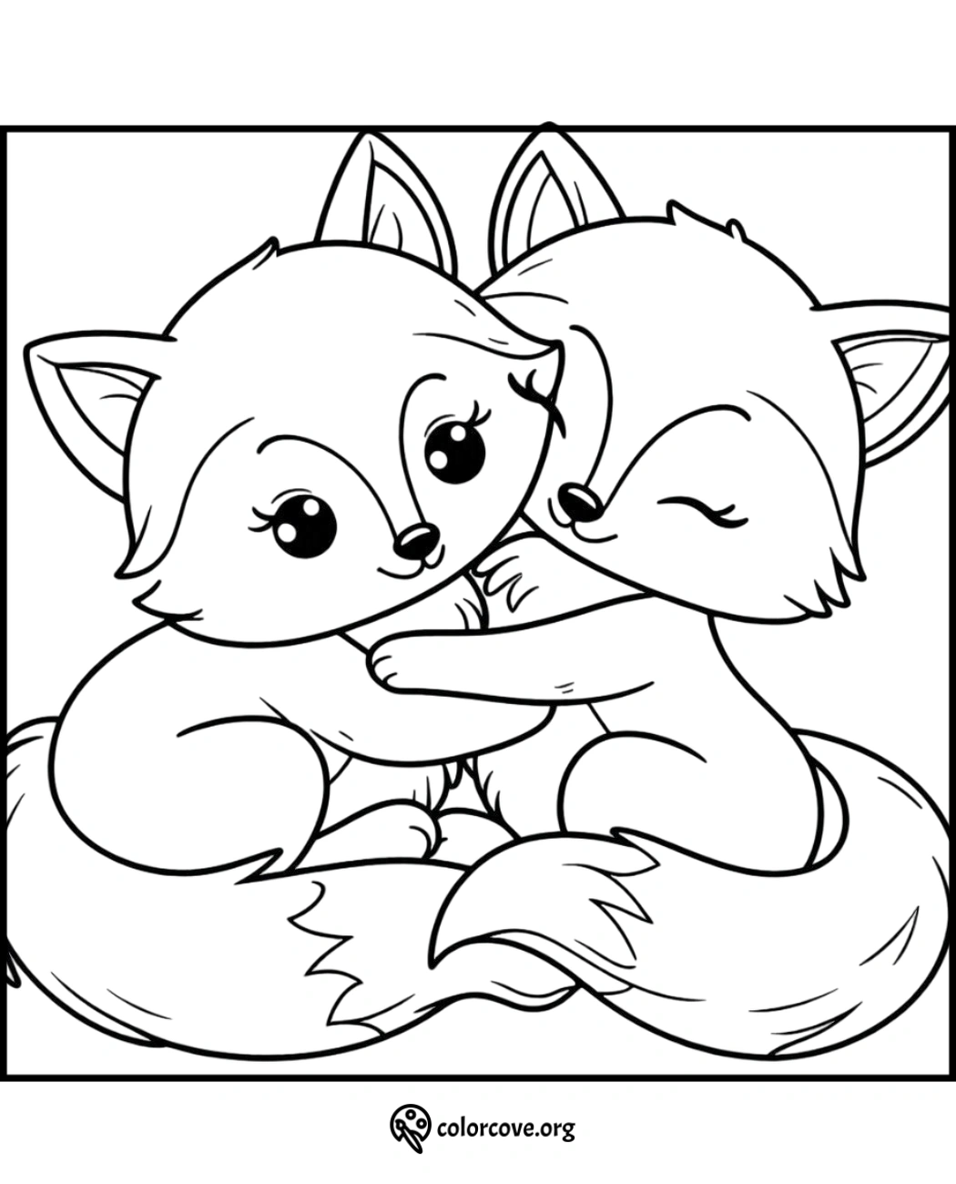 Cute fox coloring page with two hugging foxes, perfect for kids' activities and printable fun. Coloring page by colorcove.org.