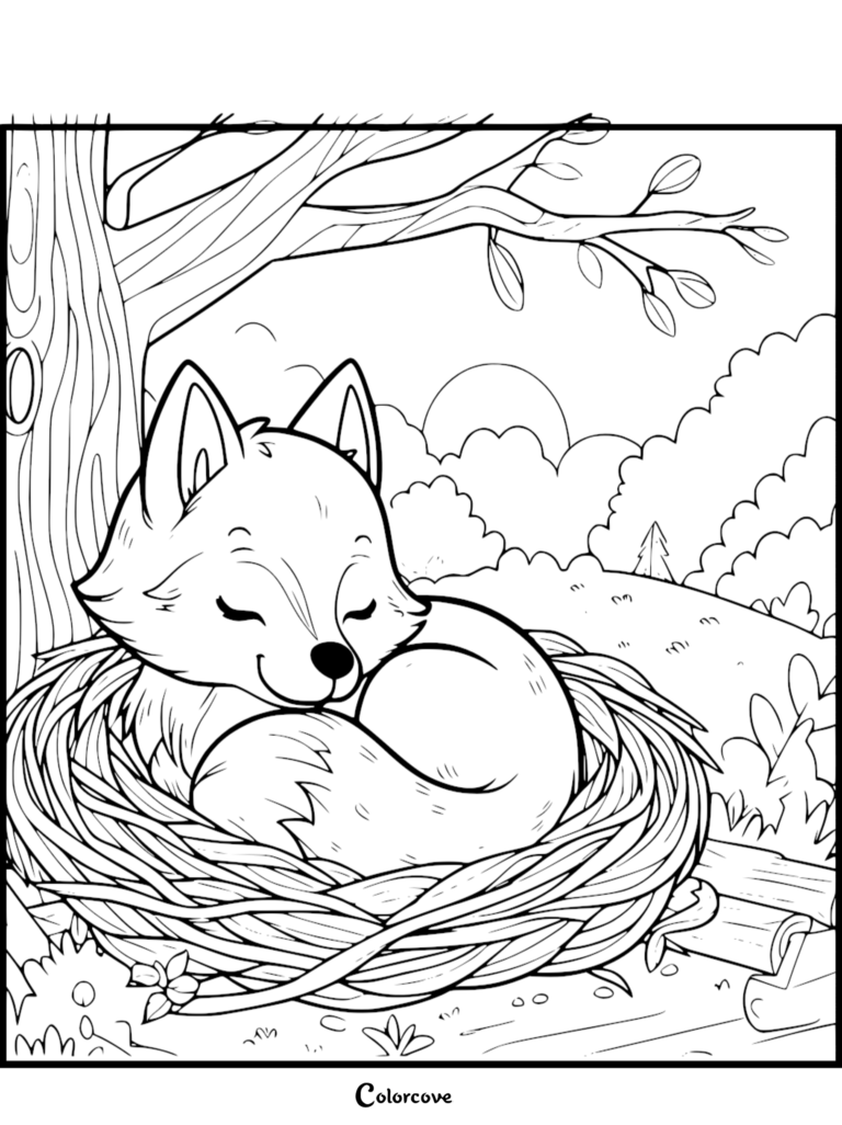 Un renard mignon en bulle endormi à l'intérieur d'un nid d'oiseau sous un arbre, page de coloriage au trait pour enfants.