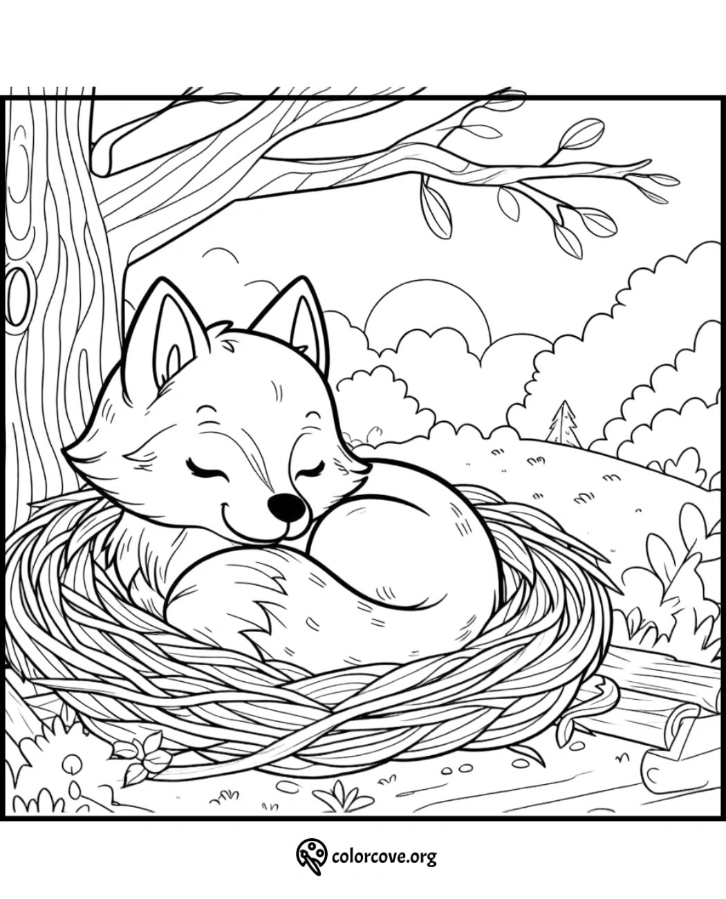 Adorable fox sleeping in a nest under a tree, landscape coloring page for kids from colorcove.org