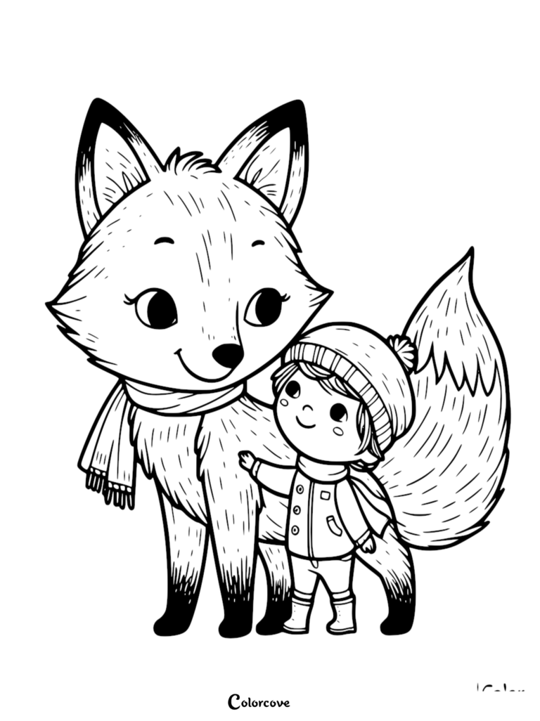 Page de coloriage à imprimer représentant un adorable renard portant une écharpe et se tenant à côté d'un jeune enfant en manteau d'hiver avec un bonnet à pompon.