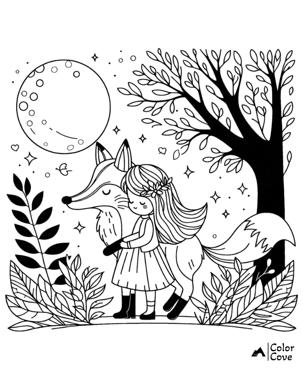 a black and white drawing of a girl and a fox