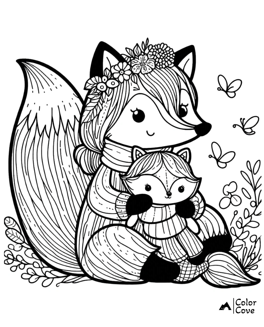 a black and white drawing of a fox and a baby