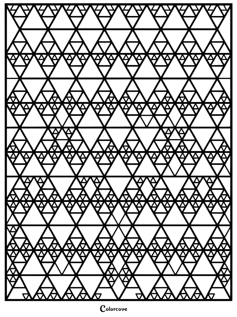 A geometric coloring page featuring a repeating Sierpinski triangle fractal pattern with nested black and white triangles.