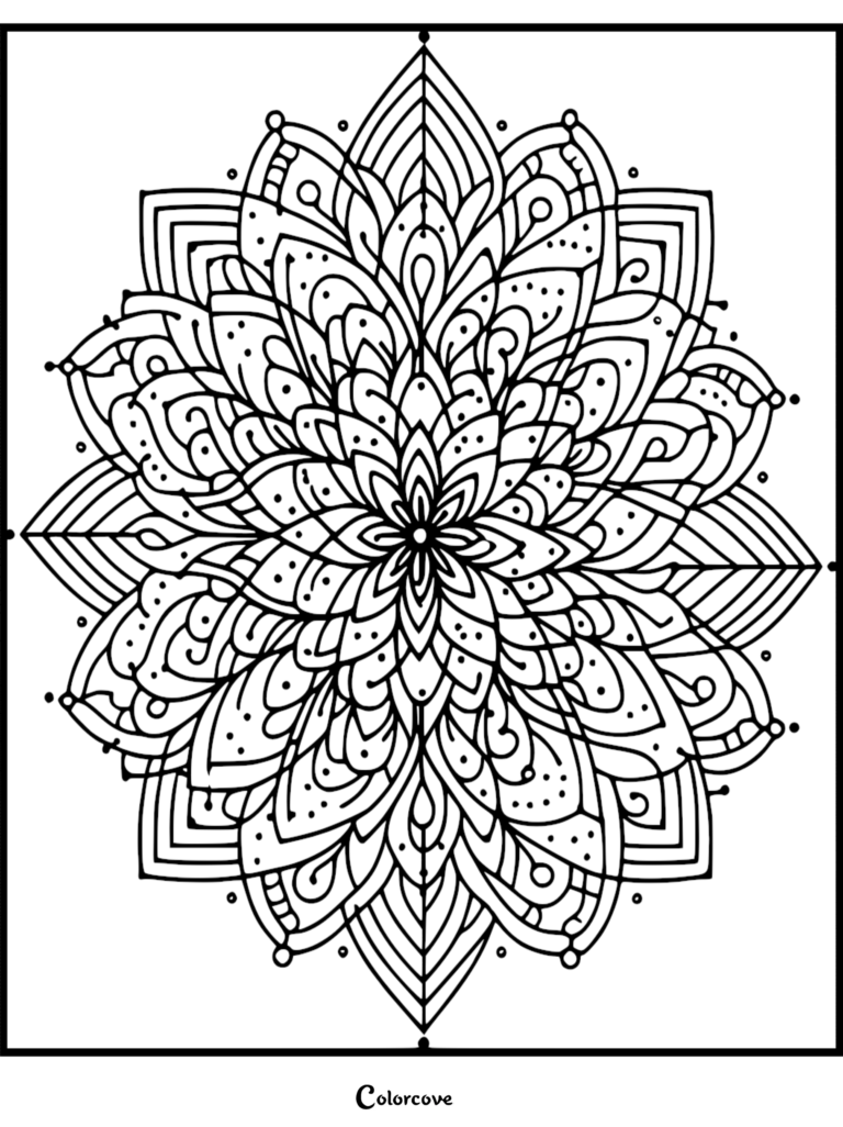 Intricate mandala fractal coloring page featuring symmetrical petal layers and dotted patterns.