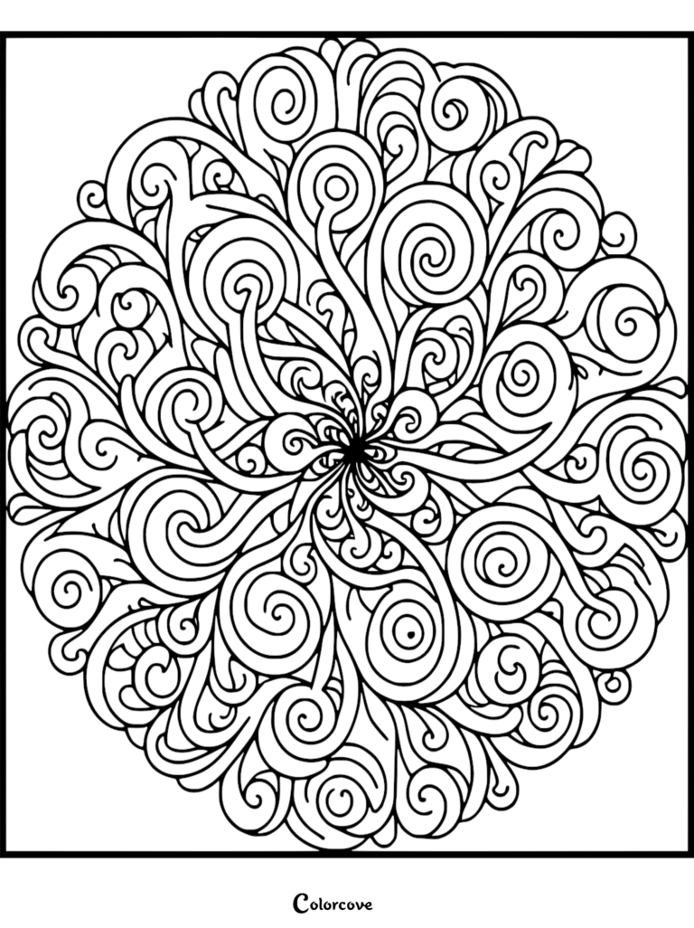 A circular fractal coloring page featuring intricate swirling patterns and interconnected loops radiating from a central point.