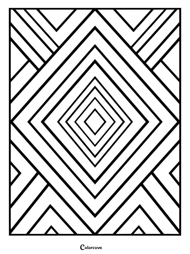 A geometric fractal coloring page featuring concentric diamond shapes and intersecting diagonal lines.