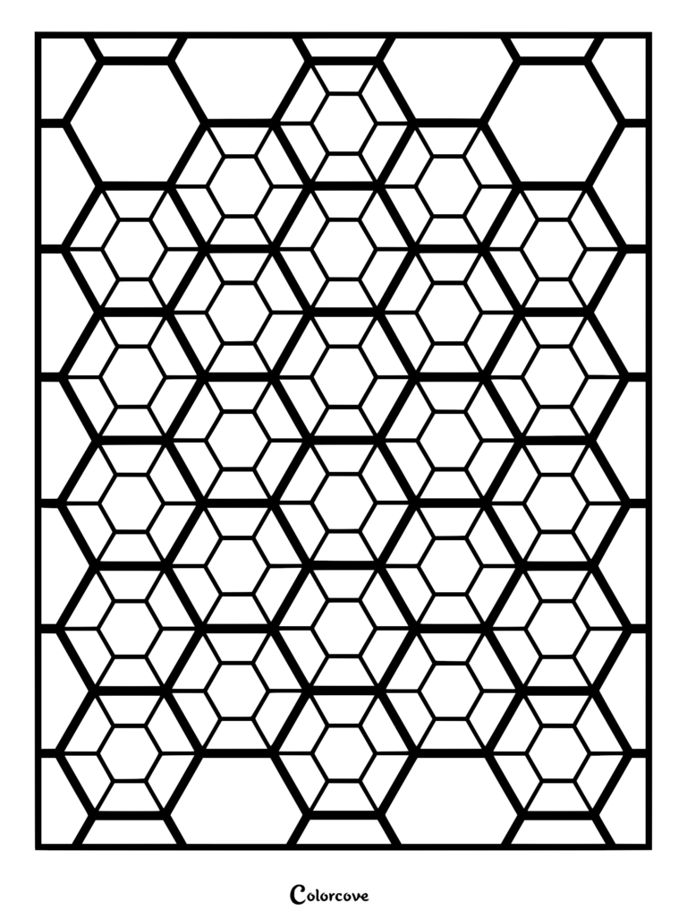 A geometric fractal coloring page featuring a repeating pattern of nested hexagons in a honeycomb grid.