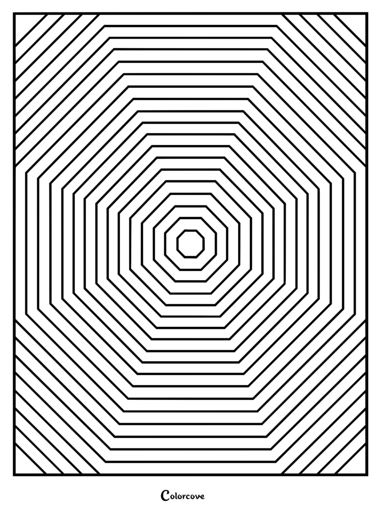 A geometric coloring page featuring a series of nested concentric octagons creating a hypnotic fractal tunnel effect.
