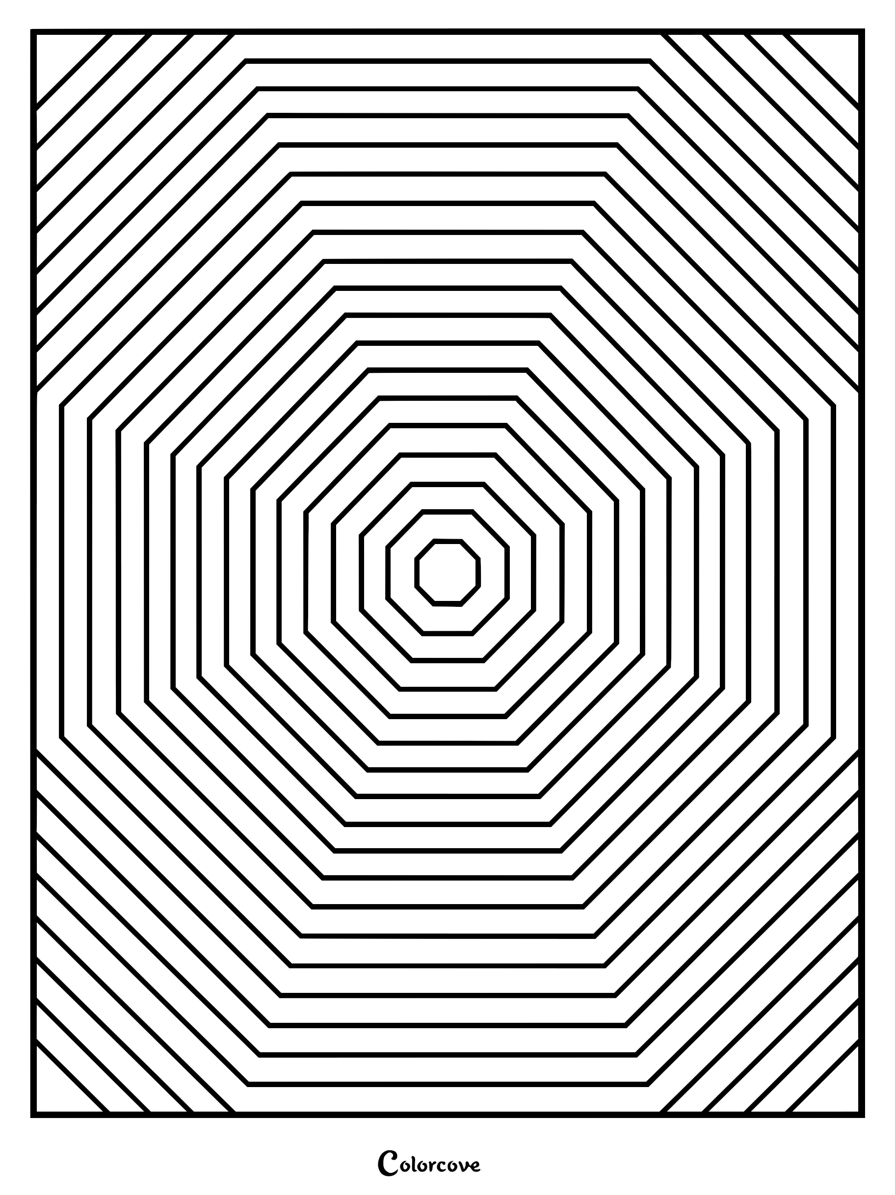 A geometric coloring page featuring a series of nested concentric octagons creating a hypnotic fractal tunnel effect.
