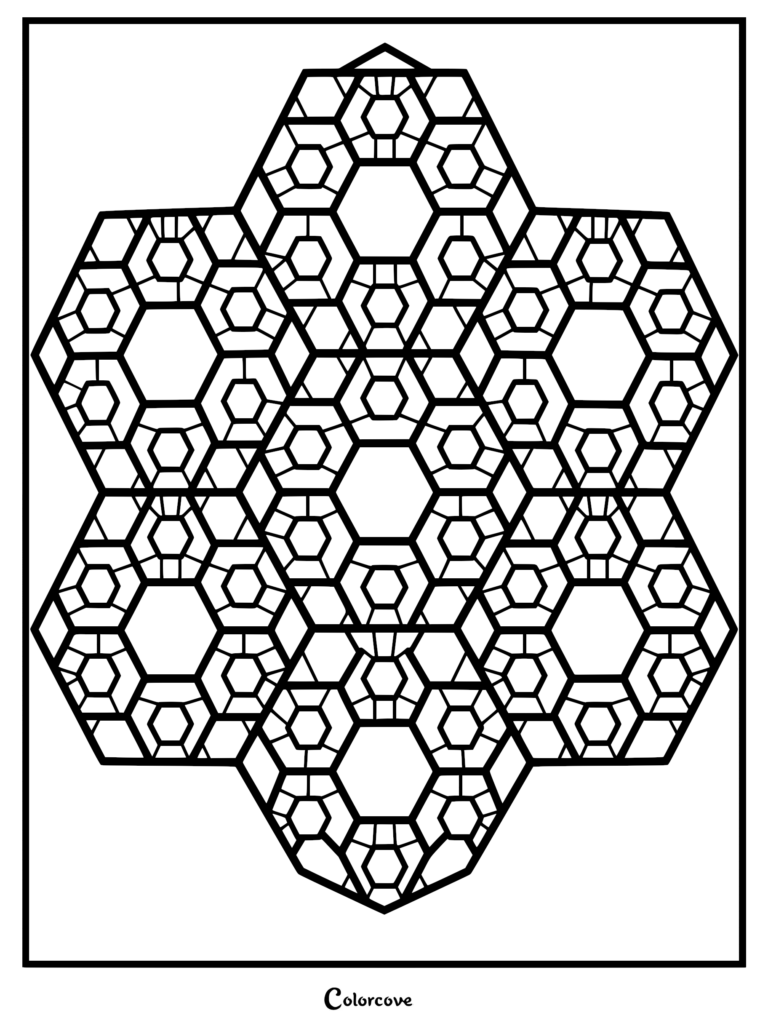A geometric fractal coloring page featuring a repeating pattern of interconnected hexagons and smaller internal shapes.