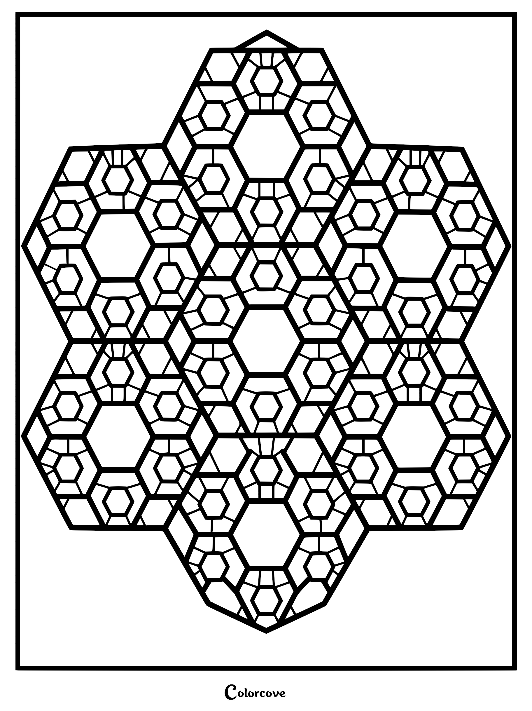 A geometric fractal coloring page featuring a repeating pattern of interconnected hexagons and smaller internal shapes.