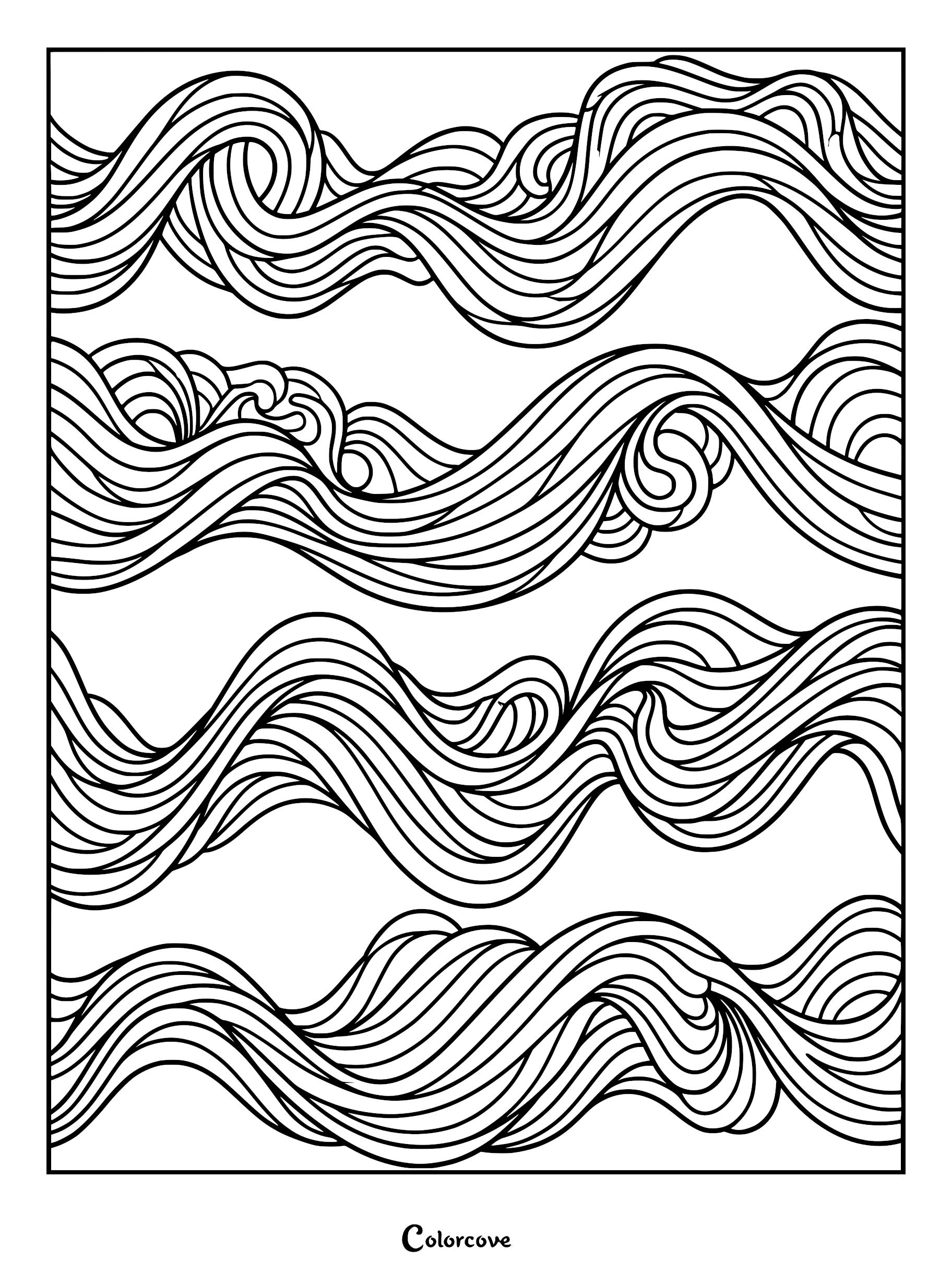 A coloring page featuring four horizontal rows of flowing, intricate fractal wave patterns with smooth, continuous lines.