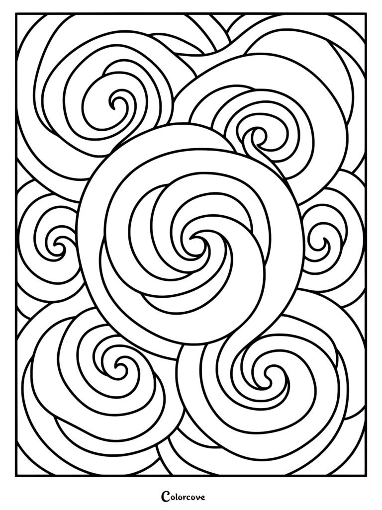 A black and white coloring page featuring overlapping spiral shapes and flowing fractal curves.