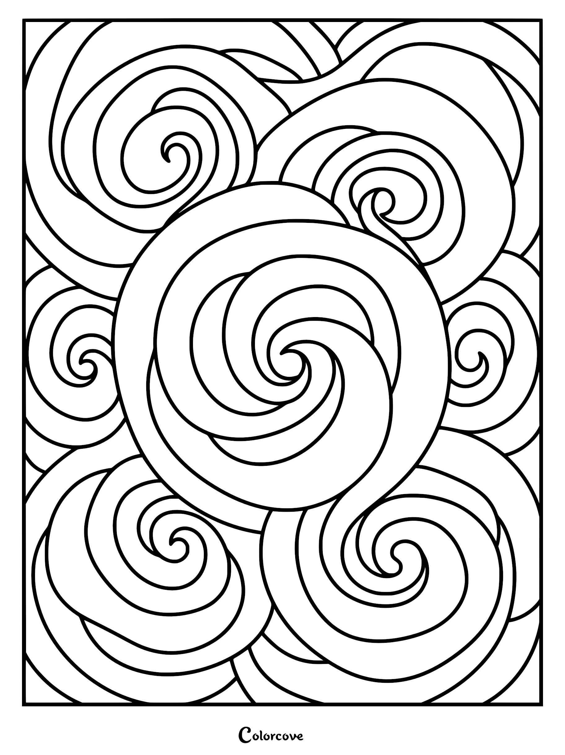 A black and white coloring page featuring overlapping spiral shapes and flowing fractal curves.