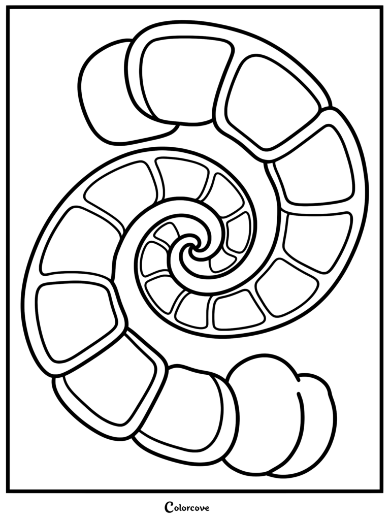 A black and white coloring page featuring a simple geometric spiral fractal with segmented rectangular chambers.