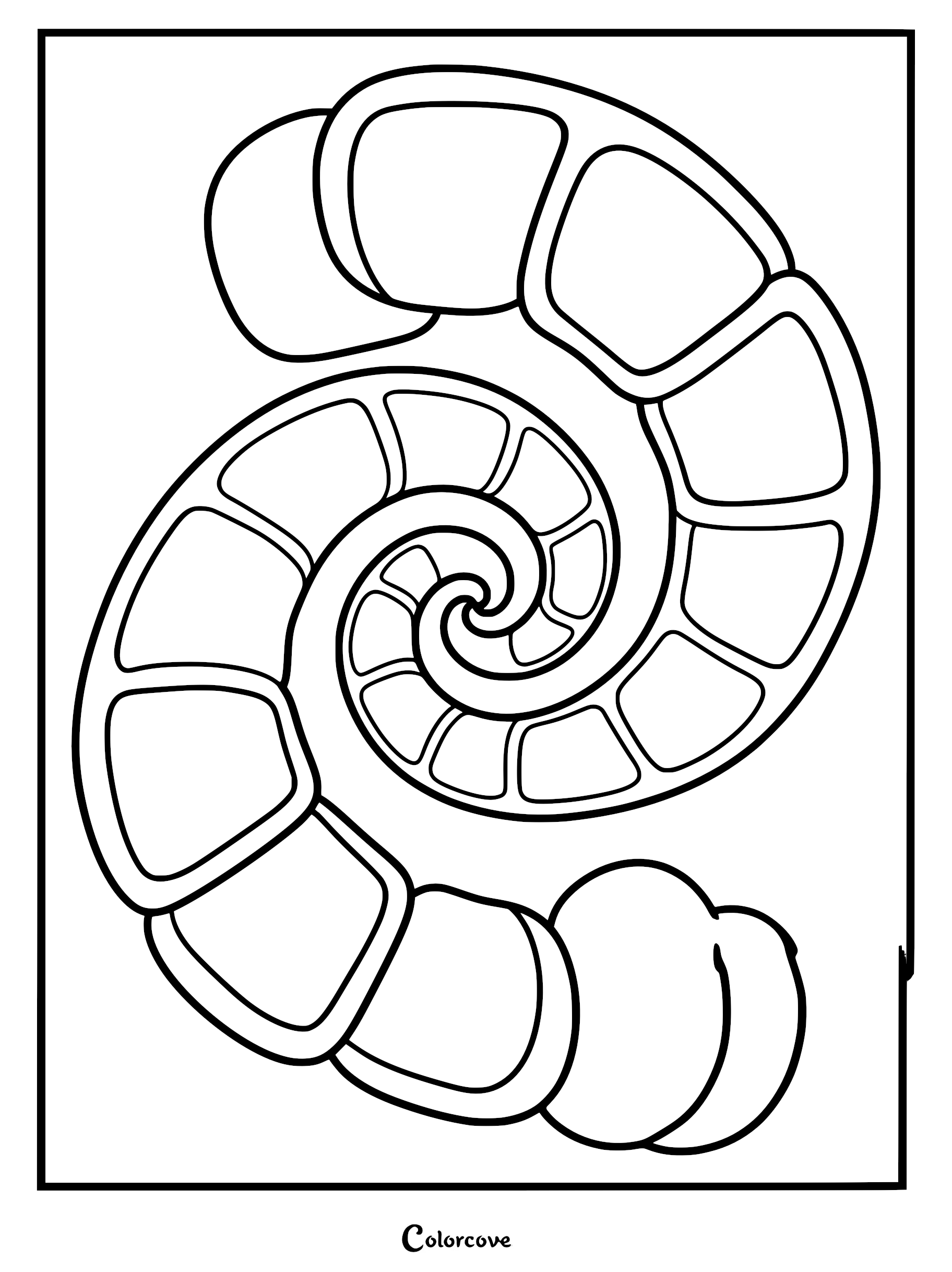 A black and white coloring page featuring a simple geometric spiral fractal with segmented rectangular chambers.