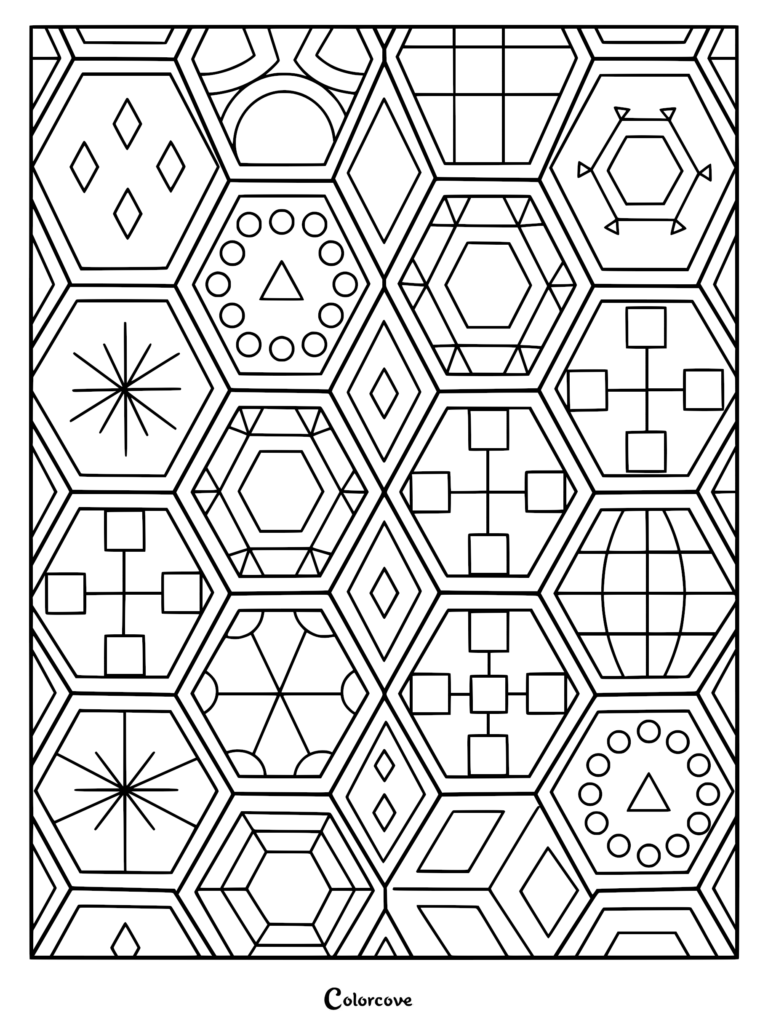 A complex geometric coloring page featuring a repeating pattern of hexagons and diamonds filled with unique line art shapes like circles, squares, and starbursts.