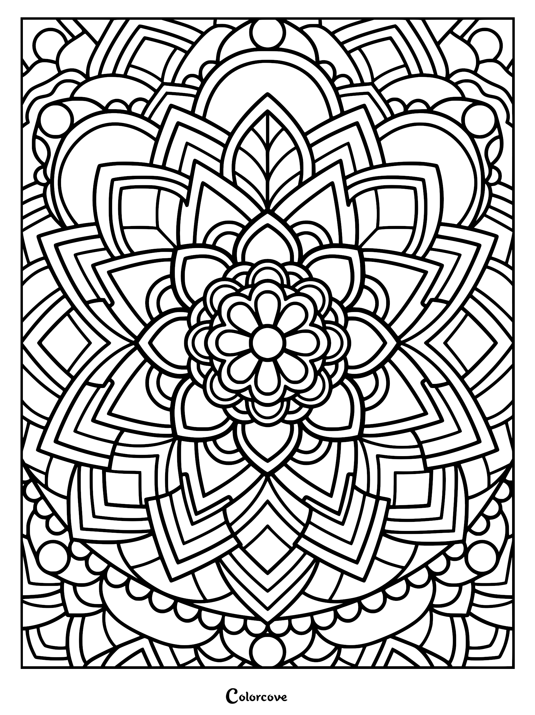 A symmetrical floral fractal mandala coloring page featuring layered petals and geometric circular patterns.
