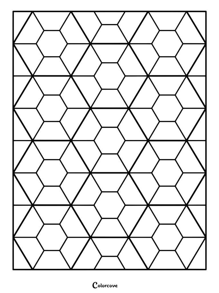 A printable coloring page featuring a repeating geometric fractal pattern of interlocking hexagons and triangles.