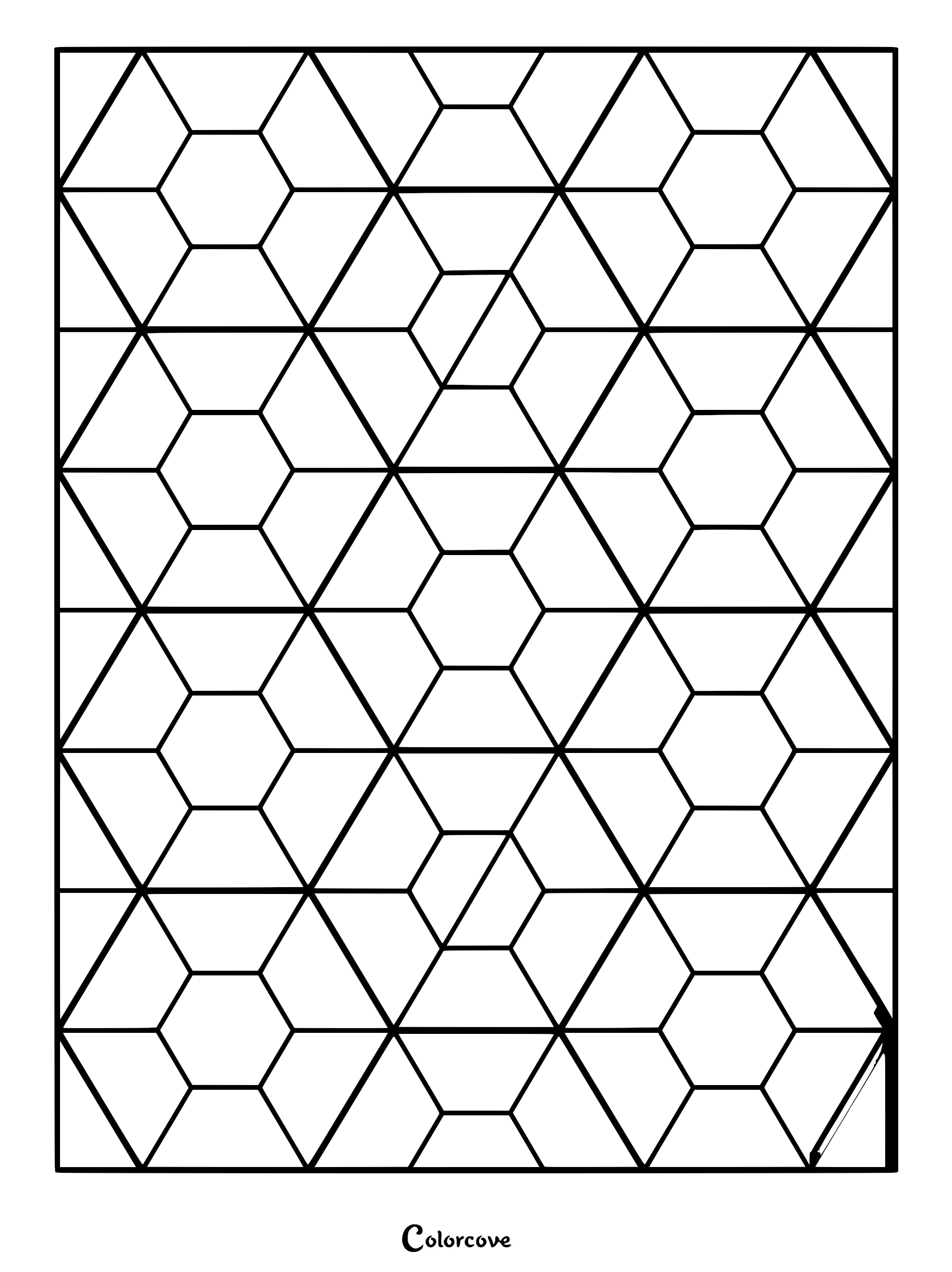 A printable coloring page featuring a repeating geometric fractal pattern of interlocking hexagons and triangles.