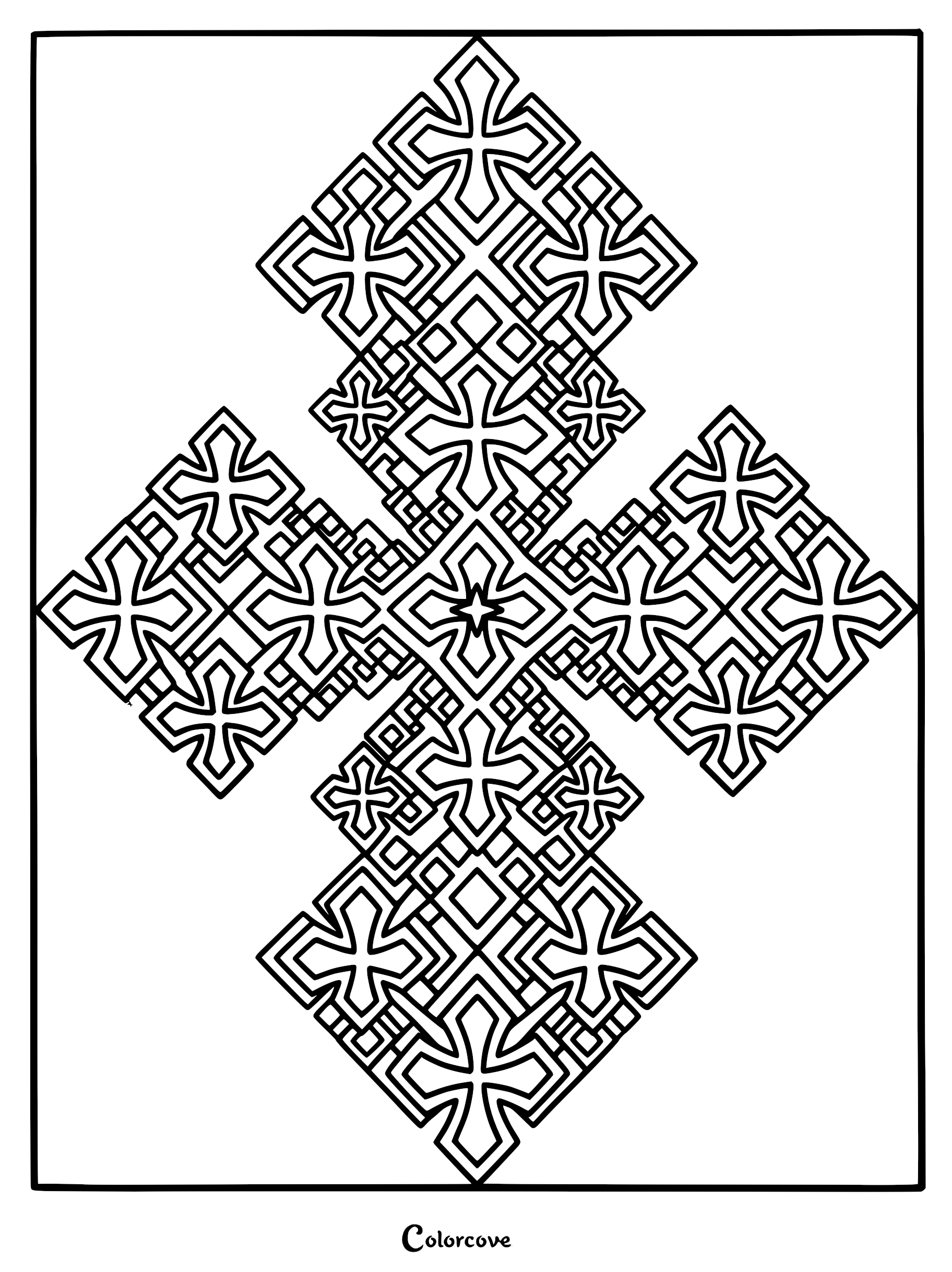 A complex geometric cross fractal coloring page featuring repeating diamond and cross shapes with thick black outlines.