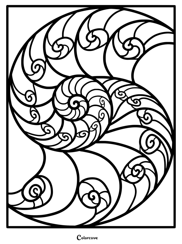 A black and white coloring page featuring a complex nautilus shell fractal with repeating spiral segments.