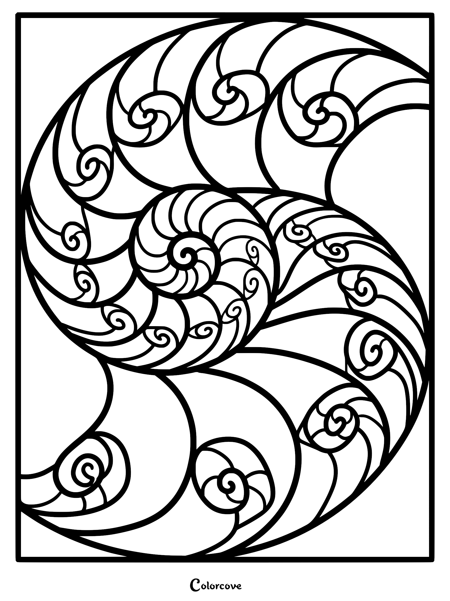 A black and white coloring page featuring a complex nautilus shell fractal with repeating spiral segments.