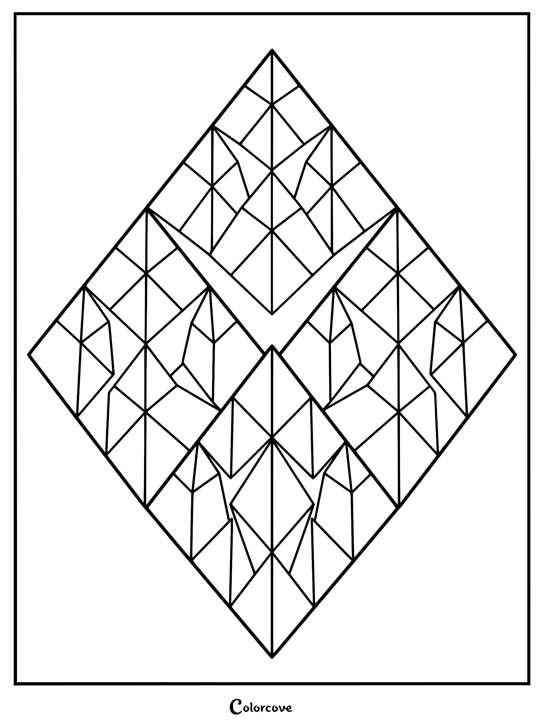 A geometric diamond fractal coloring page featuring repeating triangular and rhomboid shapes within a large diamond frame.