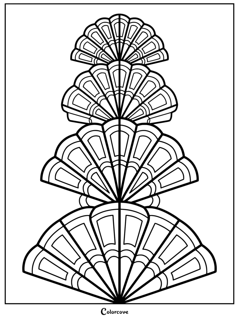 A geometric coloring page featuring a vertical stack of four symmetrical fan-shaped seashell patterns arranged in a fractal-like design.