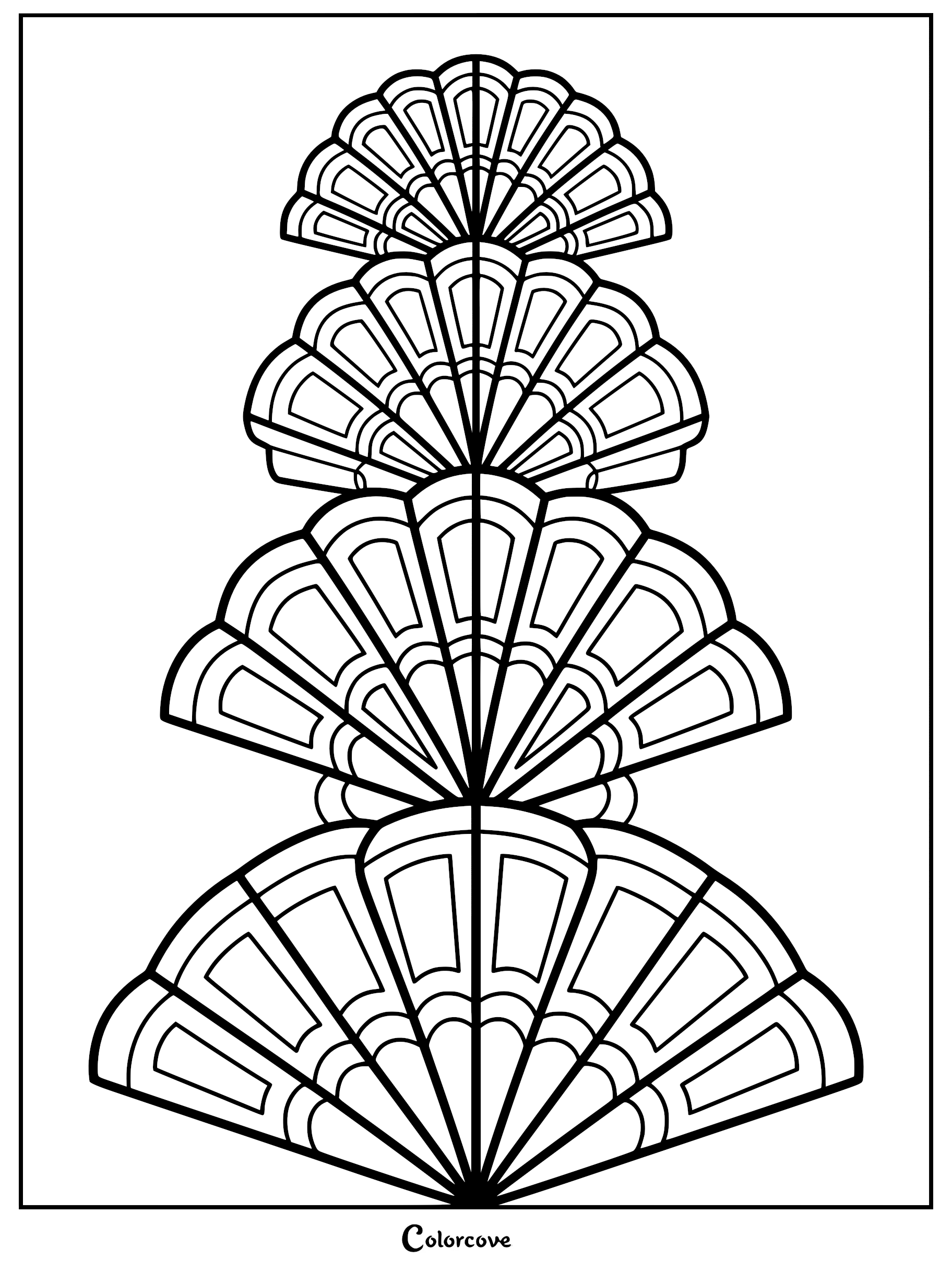 A geometric coloring page featuring a vertical stack of four symmetrical fan-shaped seashell patterns arranged in a fractal-like design.