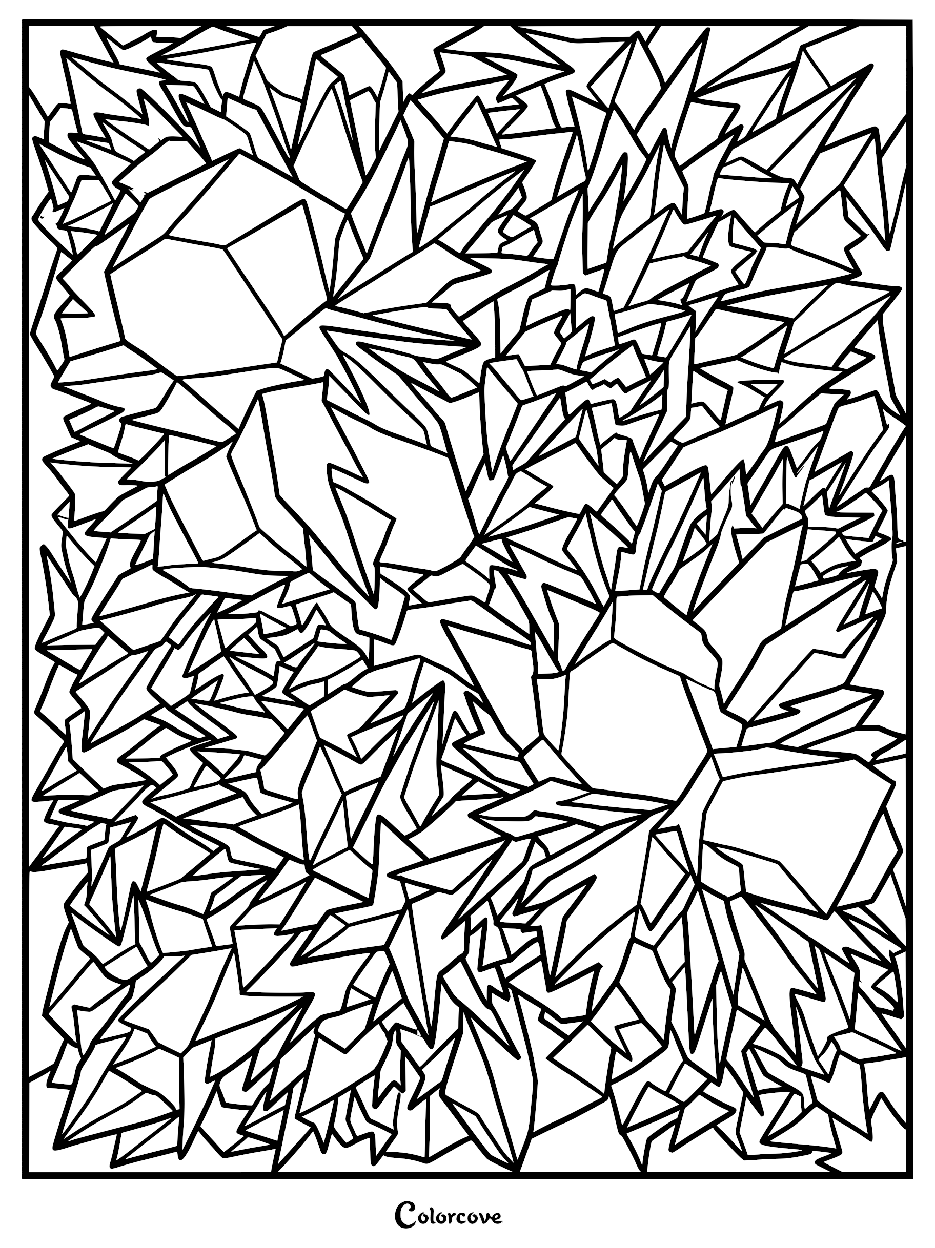 A complex geometric fractal coloring page featuring sharp, angular crystal shards and interlocking polygonal shapes.
