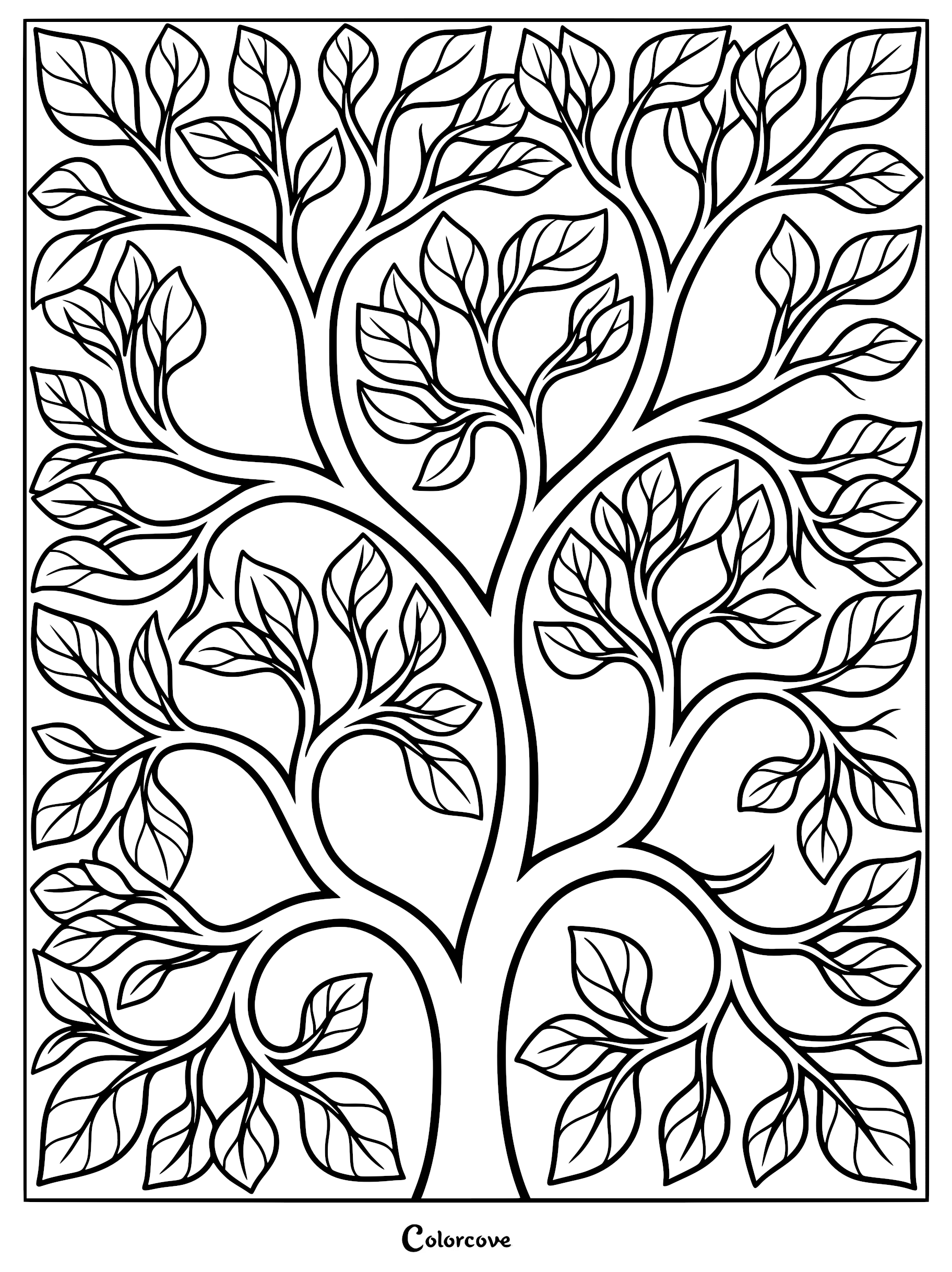 A black and white fractal tree coloring page featuring symmetrical branching limbs and stylized leaves.