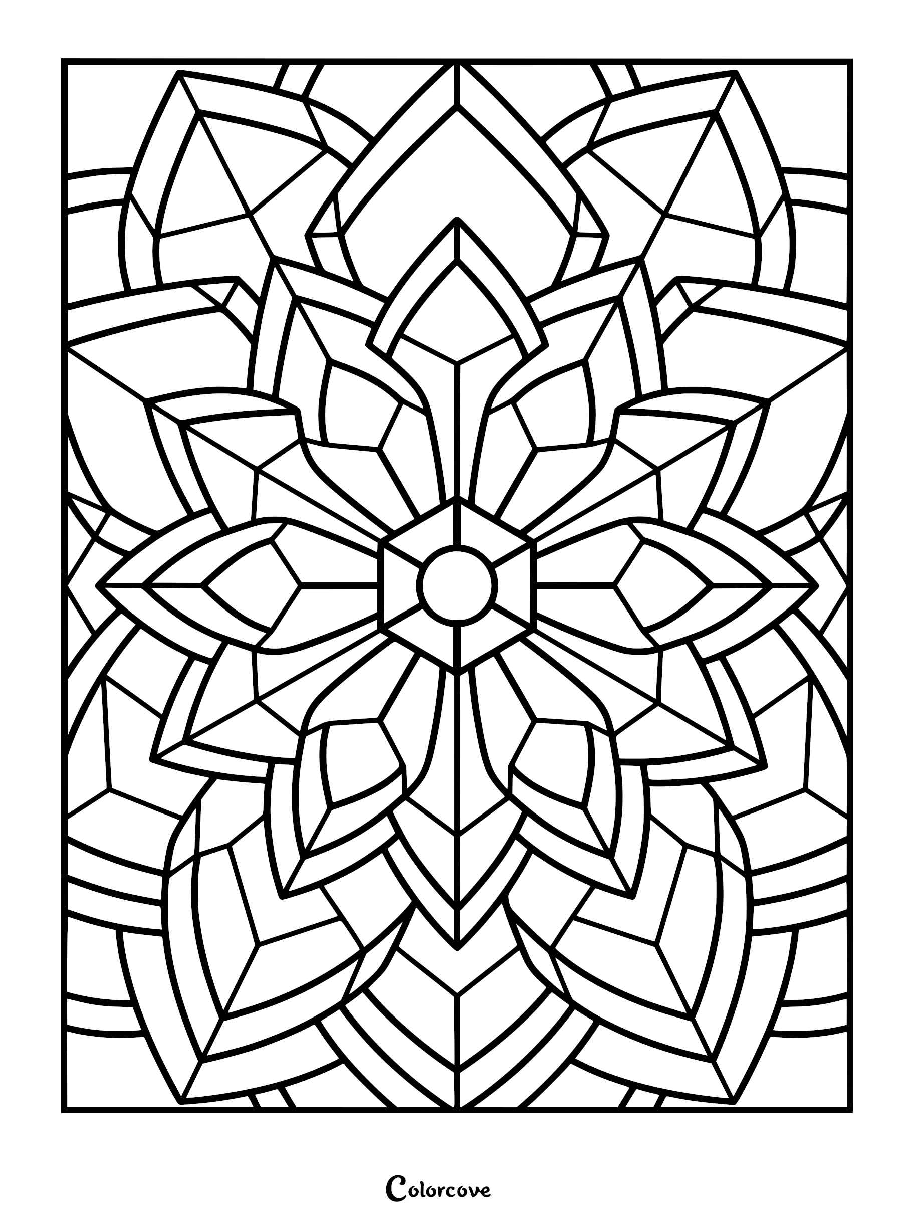 A geometric fractal flower coloring page featuring a central hexagon surrounded by layered, symmetrical diamond-shaped petals and bold black outlines.