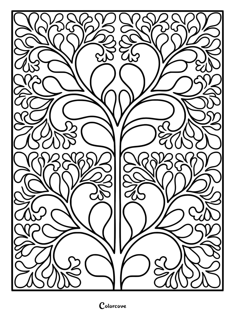 A symmetrical black and white coloring page featuring a central stem branching into repeating teardrop and leafy fractal shapes.