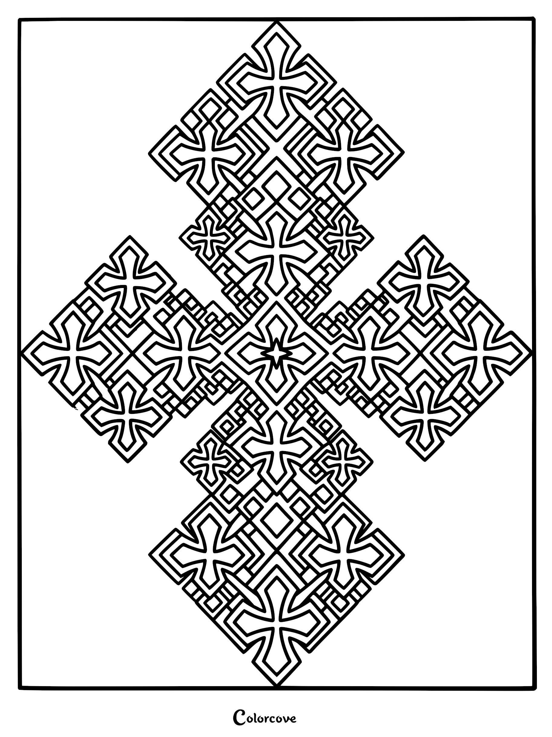 A complex geometric fractal coloring page featuring a repeating cross-shaped pattern with interlocking diamond and square outlines.