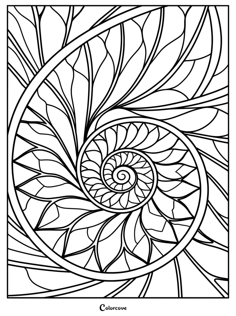 A black and white coloring page featuring a detailed nautilus-inspired spiral fractal pattern with flowing organic lines.