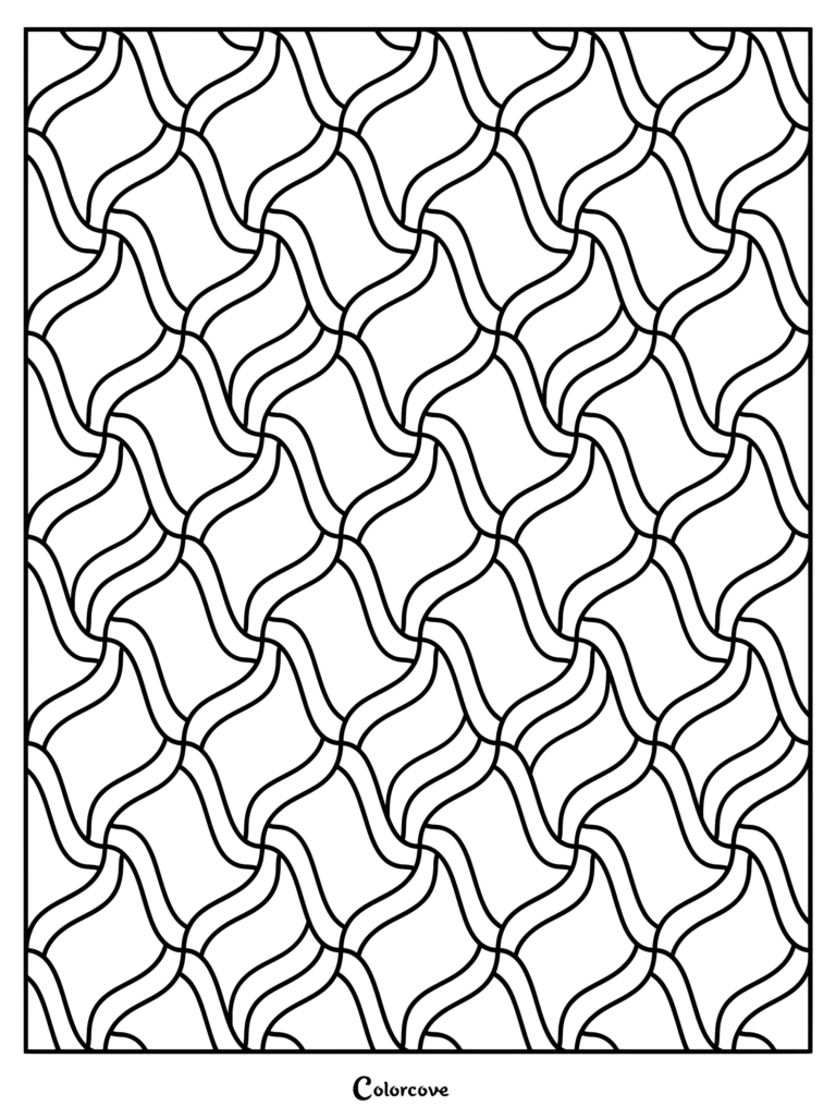 A black and white coloring page featuring a repeating geometric fractal pattern of interlocking wavy lines and diamond shapes.