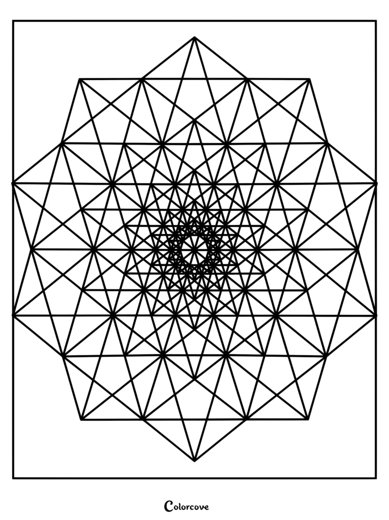 A complex geometric star fractal coloring page featuring repeating triangular patterns and intersecting lines radiating from a central point.