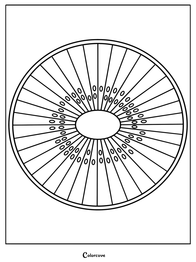 A circular kiwi fruit slice coloring page featuring radiating segments and a central oval seed pattern.