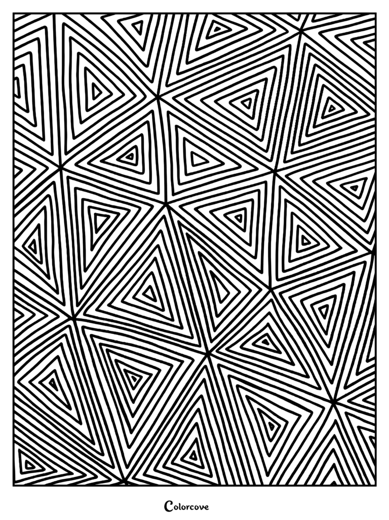 A printable coloring page featuring a complex geometric fractal pattern composed of nested triangles within a triangular grid.