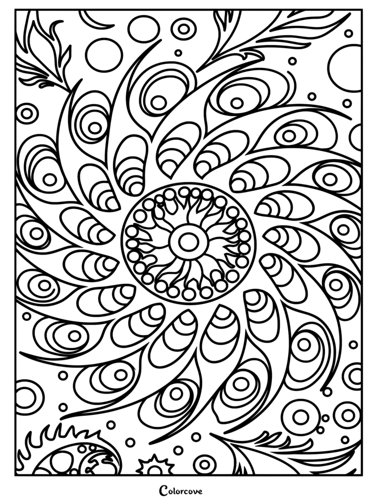 A black and white coloring page featuring a central circular mandala surrounded by swirling, organic peacock feather-inspired fractal patterns and scattered bubbles.