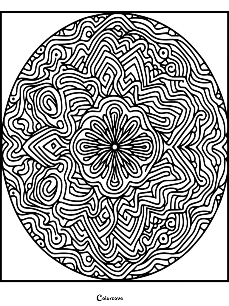 A circular fractal coloring page featuring intricate wavy lines and a central floral pattern.