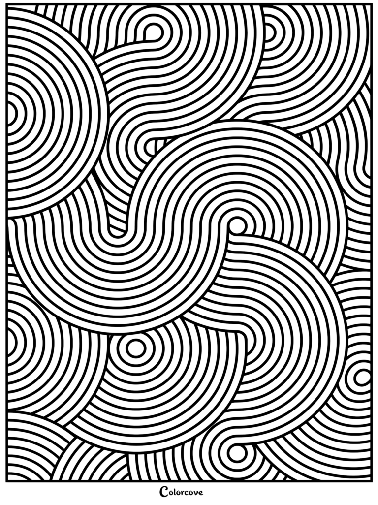 A complex fractal coloring page featuring overlapping concentric circular line patterns and flowing wave-like geometric curves.