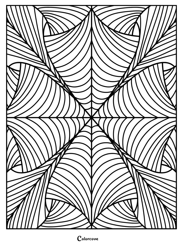 A symmetrical fractal coloring page featuring repeating curved lines forming a spiderweb-like geometric pattern.