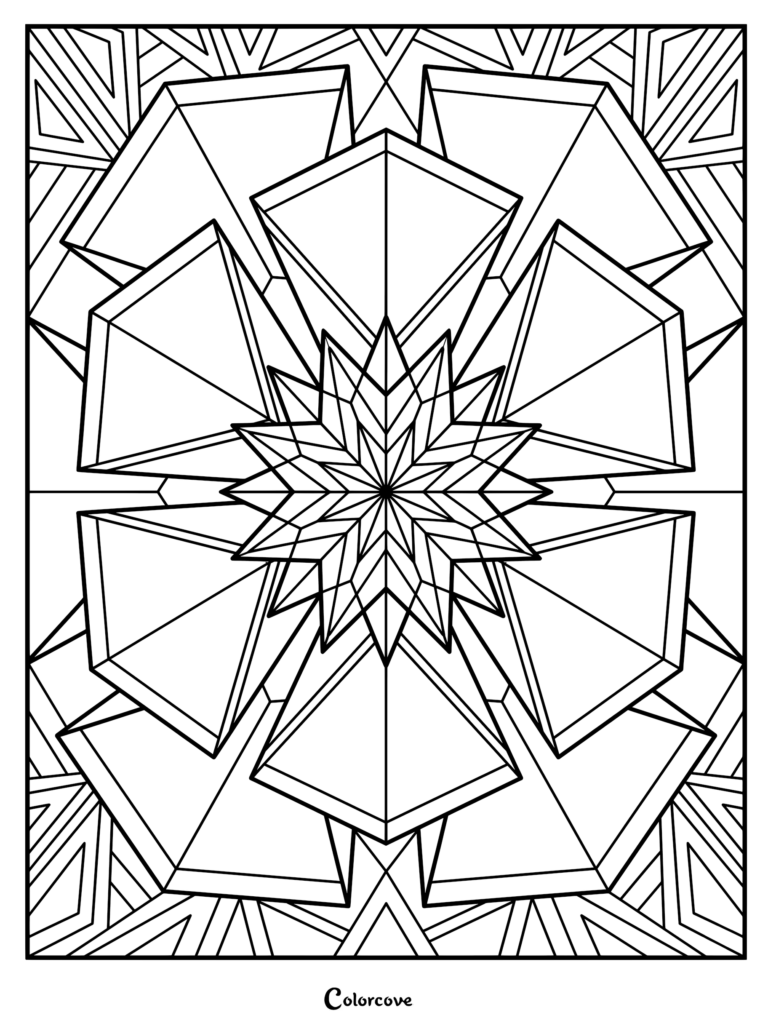 A geometric fractal coloring page featuring a central twelve-pointed star surrounded by layered trapezoidal shapes and angular lines.