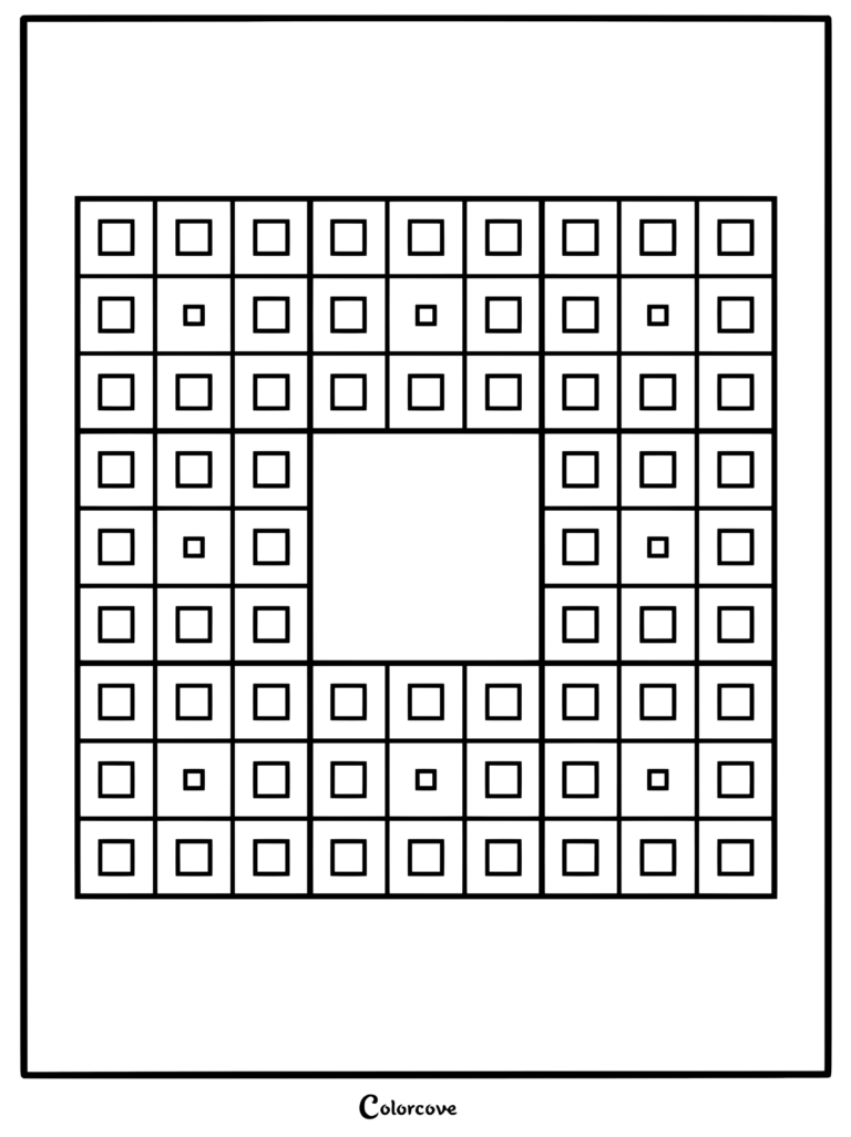 A geometric Sierpinski carpet fractal coloring page featuring a grid of nested black and white squares with a large central void.