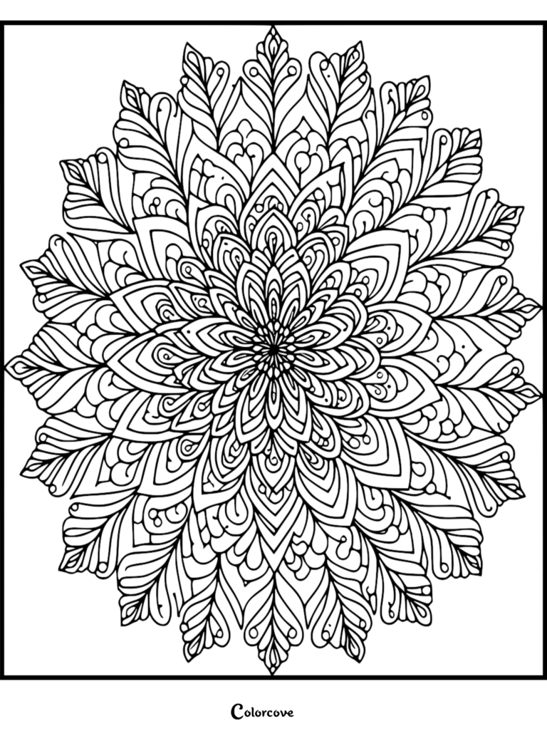 A printable fractal coloring page featuring a complex, symmetrical mandala design with intricate leaf-like patterns and repeating geometric layers.