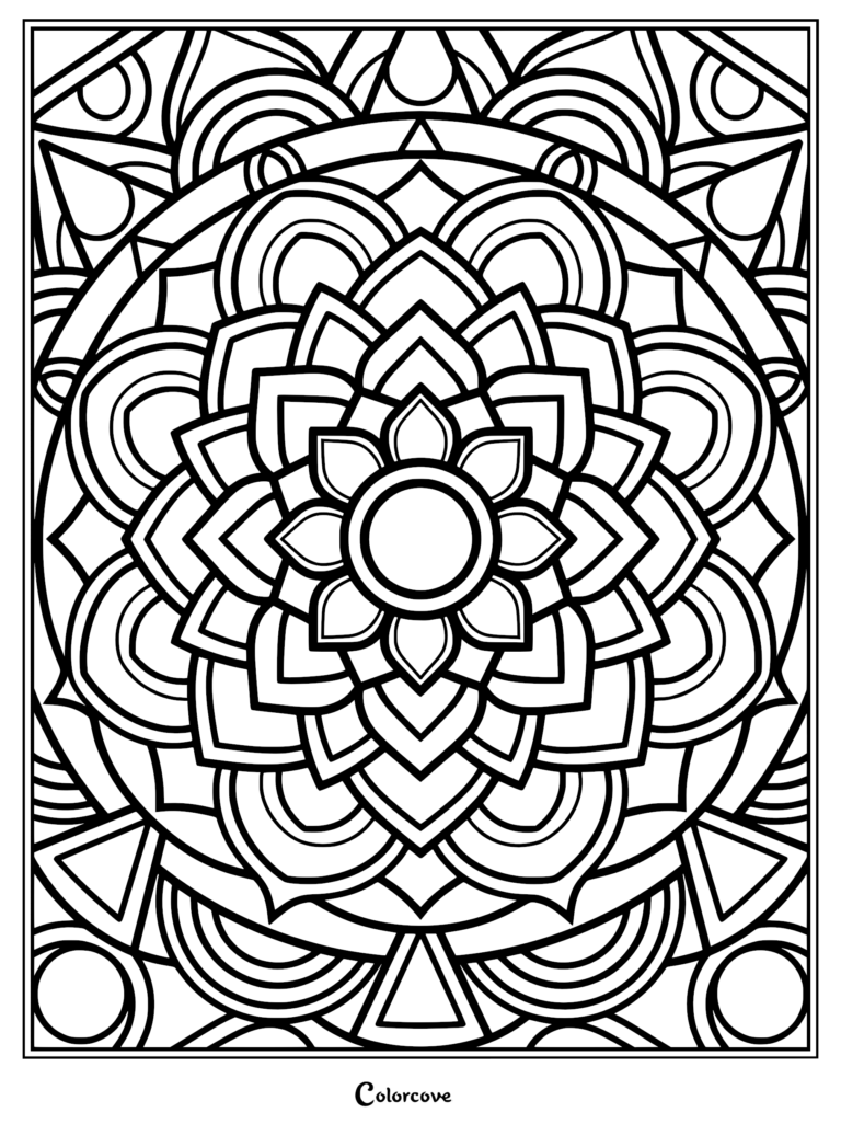 A geometric fractal mandala coloring page featuring concentric circles, layered petals, and triangular accents in a symmetrical pattern.