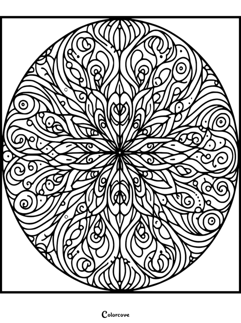 A circular fractal coloring page featuring intricate swirling patterns and symmetrical organic shapes.