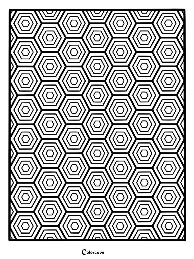 A printable coloring page featuring a repeating fractal pattern of nested hexagons in a honeycomb grid.